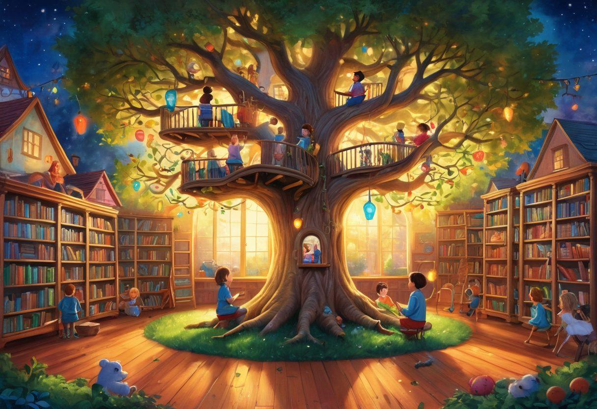 A whimsical library filled with colorful storybooks, where children of diverse backgrounds gather around a giant, friendly tree that has pages for leaves. The tree is surrounded by playful characters from classic tales, sparking joy and creativity. Bright, magical lights illuminate the space, creating an inviting atmosphere that encourages imagination. Children are seen drawing and writing, inspired by their surroundings. vibrant colors. enchanting style. storybook illustration.