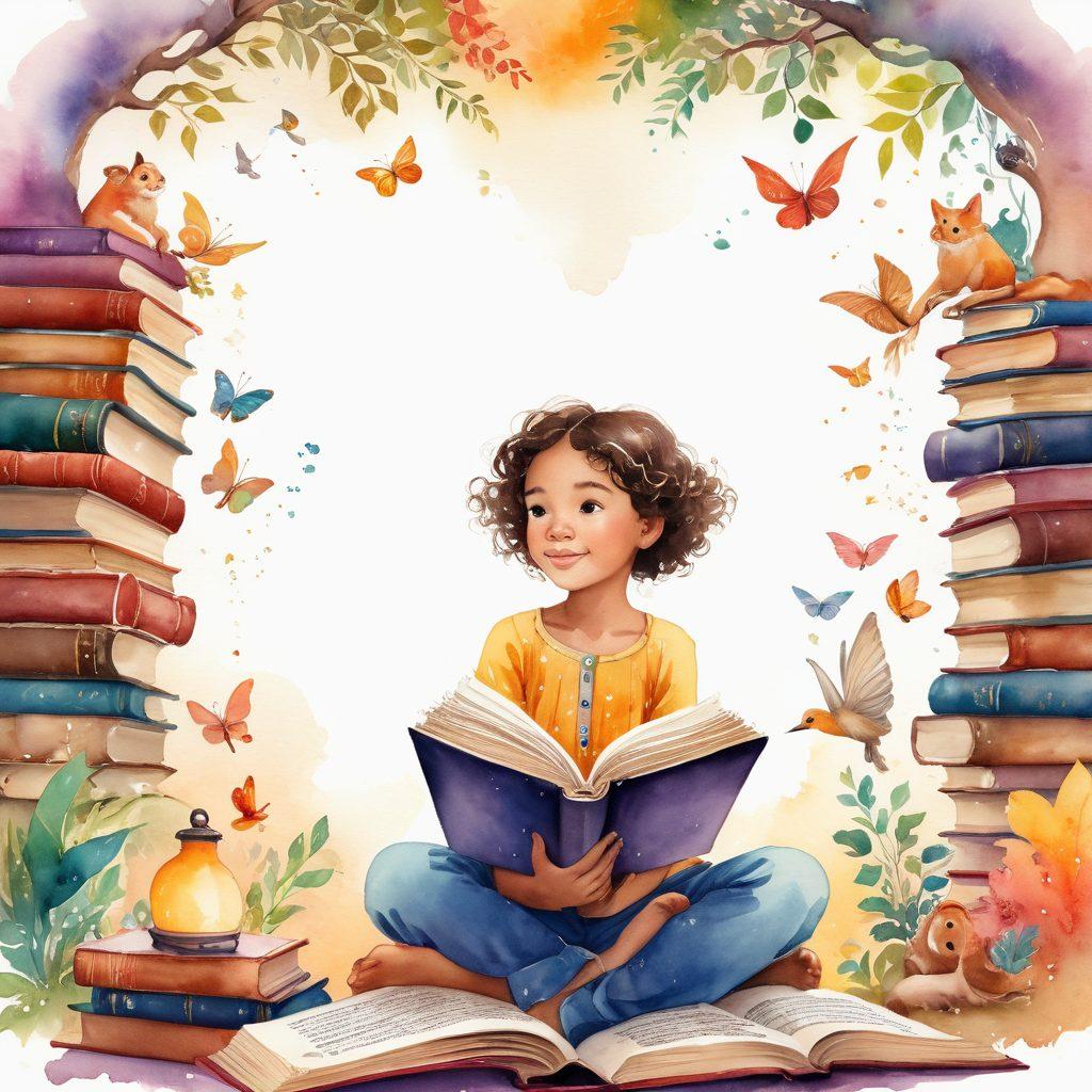 A whimsical scene depicting a young storyteller surrounded by enchanted books and vibrant, dreamlike illustrations coming to life. Diverse children are captivated, their eyes wide with wonder, as colorful story characters soar around them. The atmosphere is infused with creativity, imagination, and a sense of adventure, blending both modern and classic storytelling elements. watercolor art style. bright colors. white background.