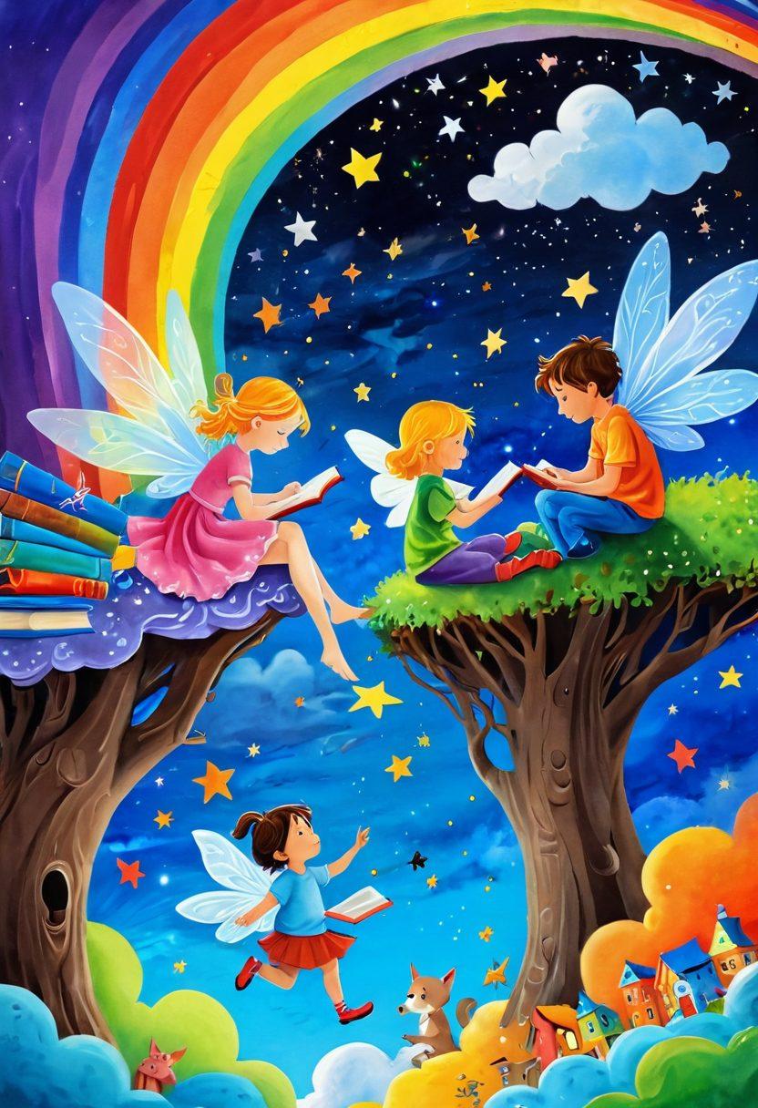 A whimsical scene of children immersed in a colorful world of books, surrounded by floating storybook characters like fairies and knights. A young girl and a boy are playfully illustrating their own tales with crayons on large sheets of paper, igniting their imaginations. Vivid colors and playful elements evoke a sense of creativity and joy. Dreamy clouds and sparkling stars swirl around, symbolizing the magical essence of children's literature. joyful, surreal, vibrant colors.
